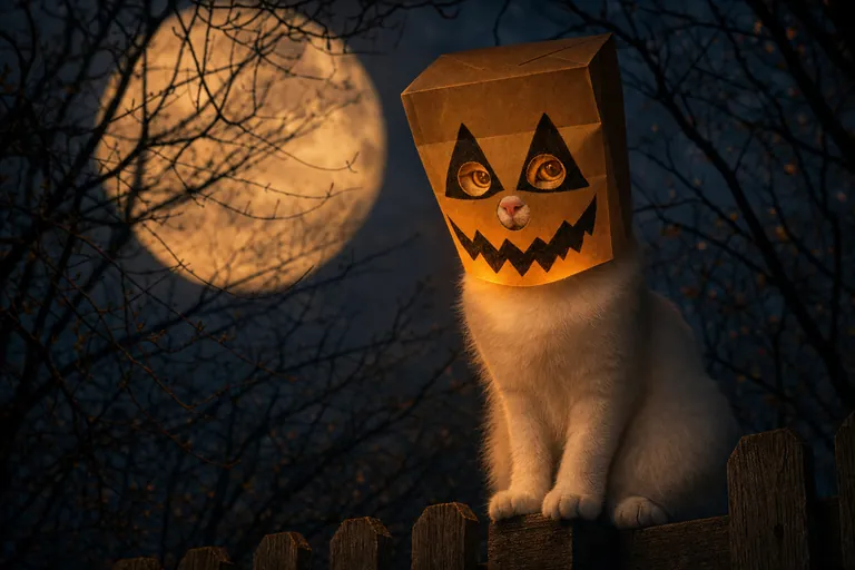 The white cat in the pumpkin-face paper bag sits on a wooden fence at night. A huge full moon glows behind bare branches, and the bag glows warm from inside.