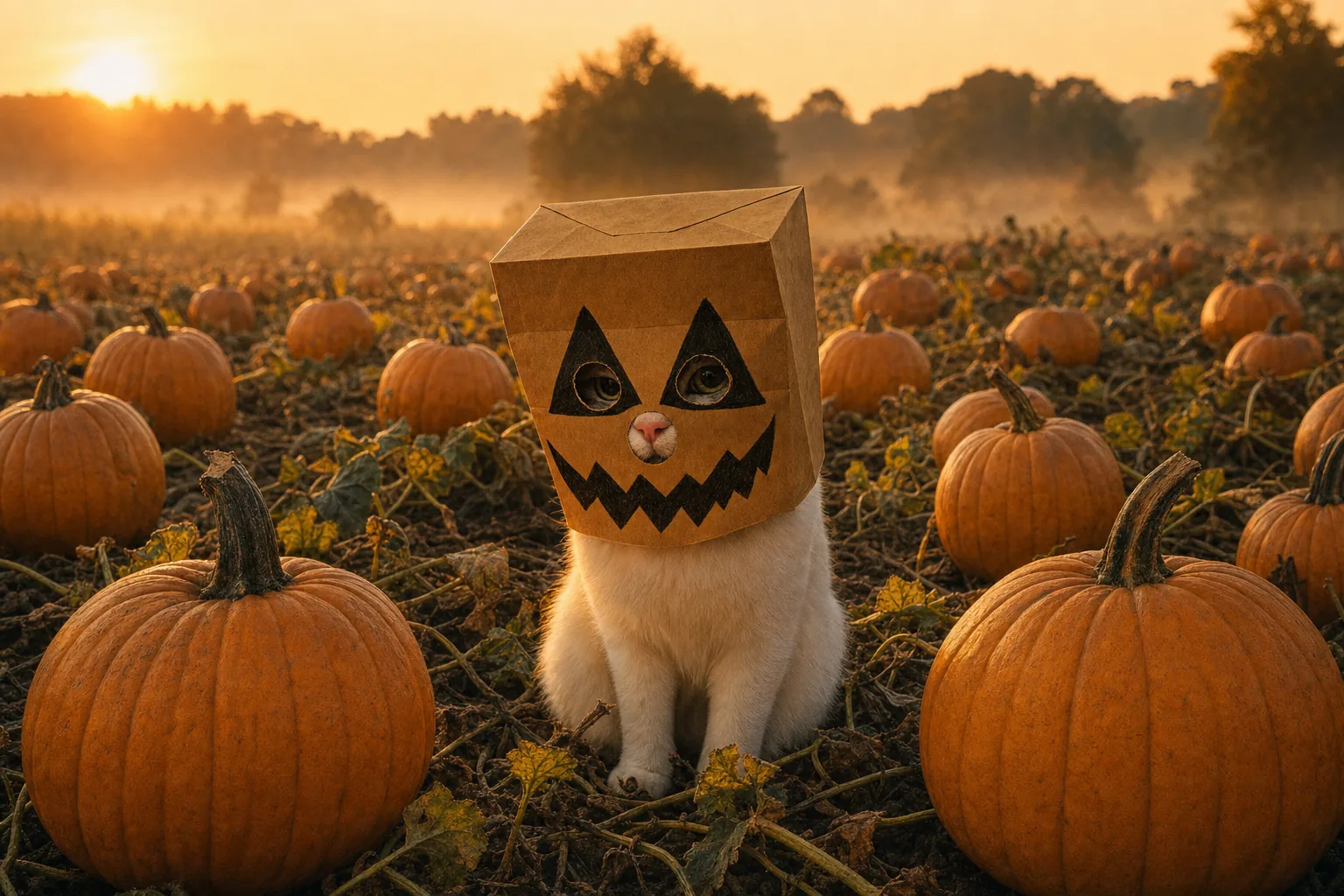 Sunset over a pumpkin patch. Among the real pumpkins sits a white cat with a paper bag on its head and a jack-o'-lantern face drawn on the bag.