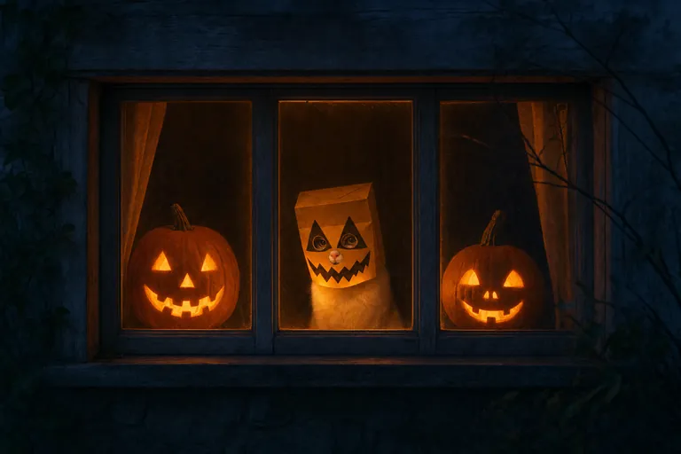 A lit window at night with three panes. Carved jack-o'-lanterns glow in the left and right panes. In the middle pane sits the white cat in the paper bag with the pumpkin face.